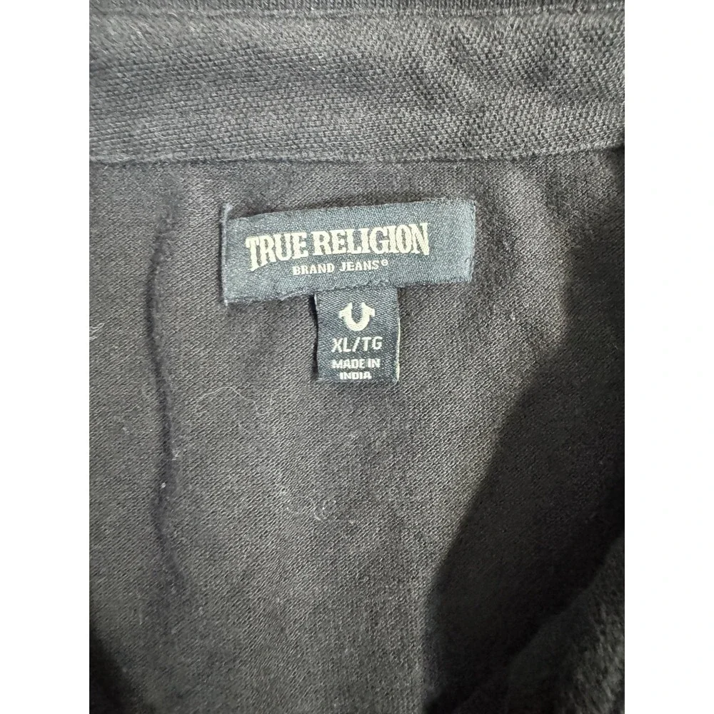 True Religion Men SZ XL Polo Sport Shirt Black Graphic Short Sleeve Logo
